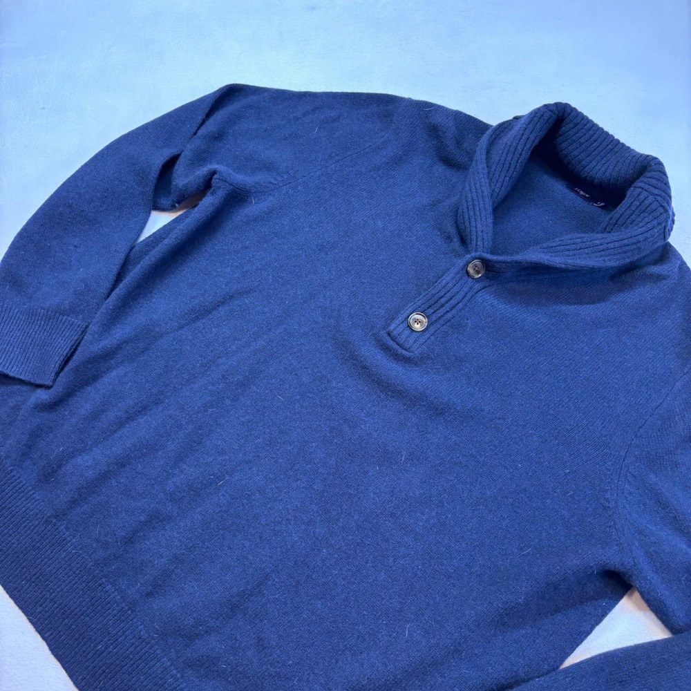 J Crew Mens Navy Blue Shawl‎ Collar 2 Button Pullover Sweater XXL Lambs Wool